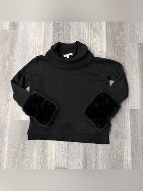Love+Luxe Womens M Black Solid Knit Turtleneck Pullover Sweater Faux Fur Trim